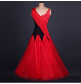 Black red fringes rhinestone patchwork tank sleeveless women's ladies female competition performance professional ballroom waltz tango dance dancing dresses outfits